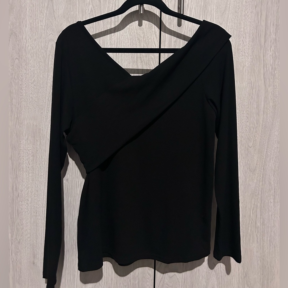 Women's Off The Shoulder Long Sleeve Cross Wrap Ribbed Knit Blouse Black XL - Picture 5 of 5
